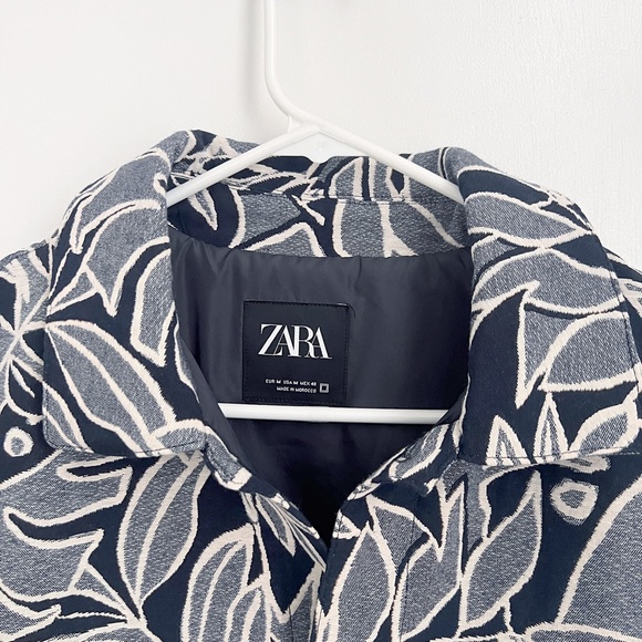 Blue Leaf Lined Jacquard Jacket Size Medium Zara Overcoat Poly Cotton - Picture 3 of 3